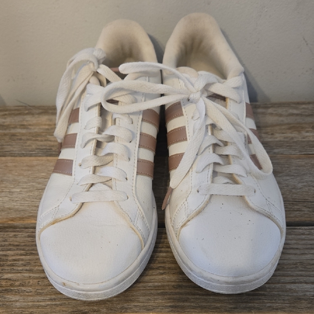 Adidas White And Rose Gold Striped Sneakers
